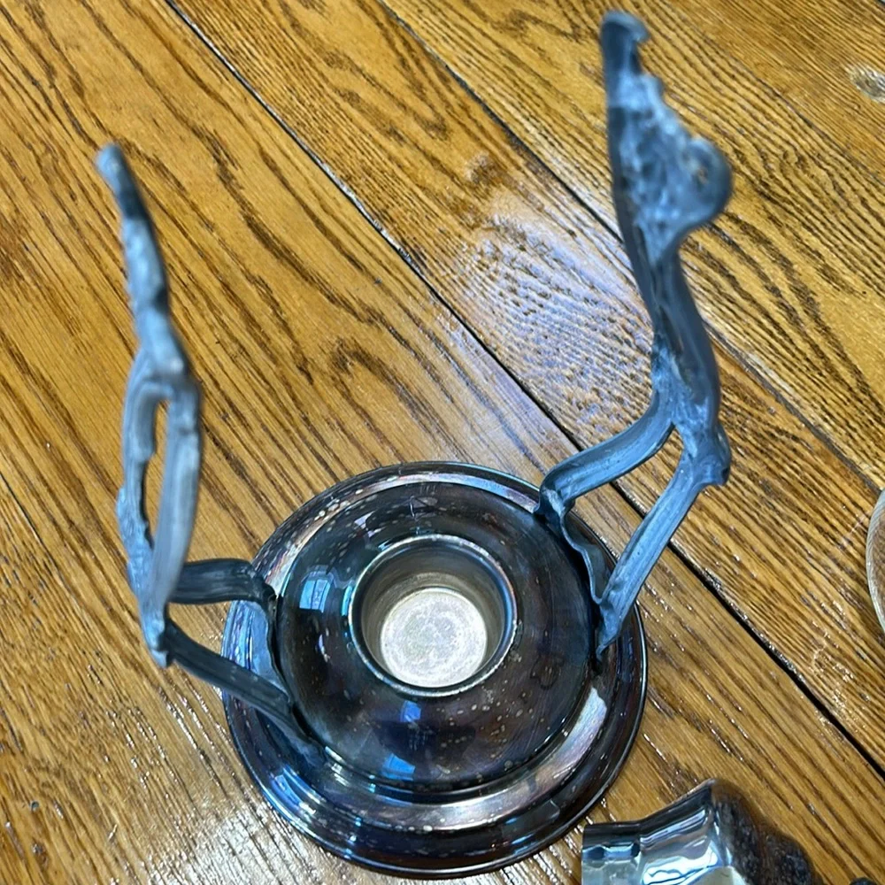 Vintage silver plated tilting coffee stand and carafe. No markings. Glass carafe